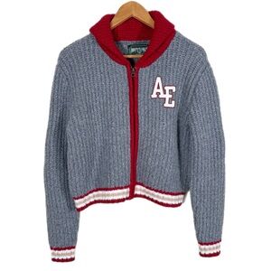 American Eagle Cropped Varsity Zip Up Cardigan Sweater S Gray Red Preppy NWOT